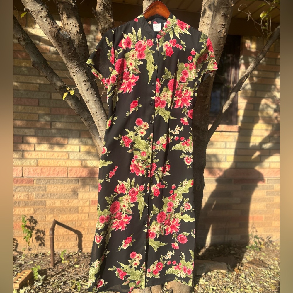 Y2K Asian-inspired Lotus Flower Print Dress with Mandarin Collar Vintage Size 8P